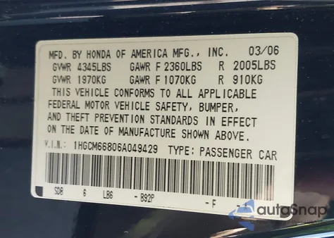 2006 Honda Accord 3.0 Ex z USA, uszkodzony, nr VIN 1HGCM66806A049429